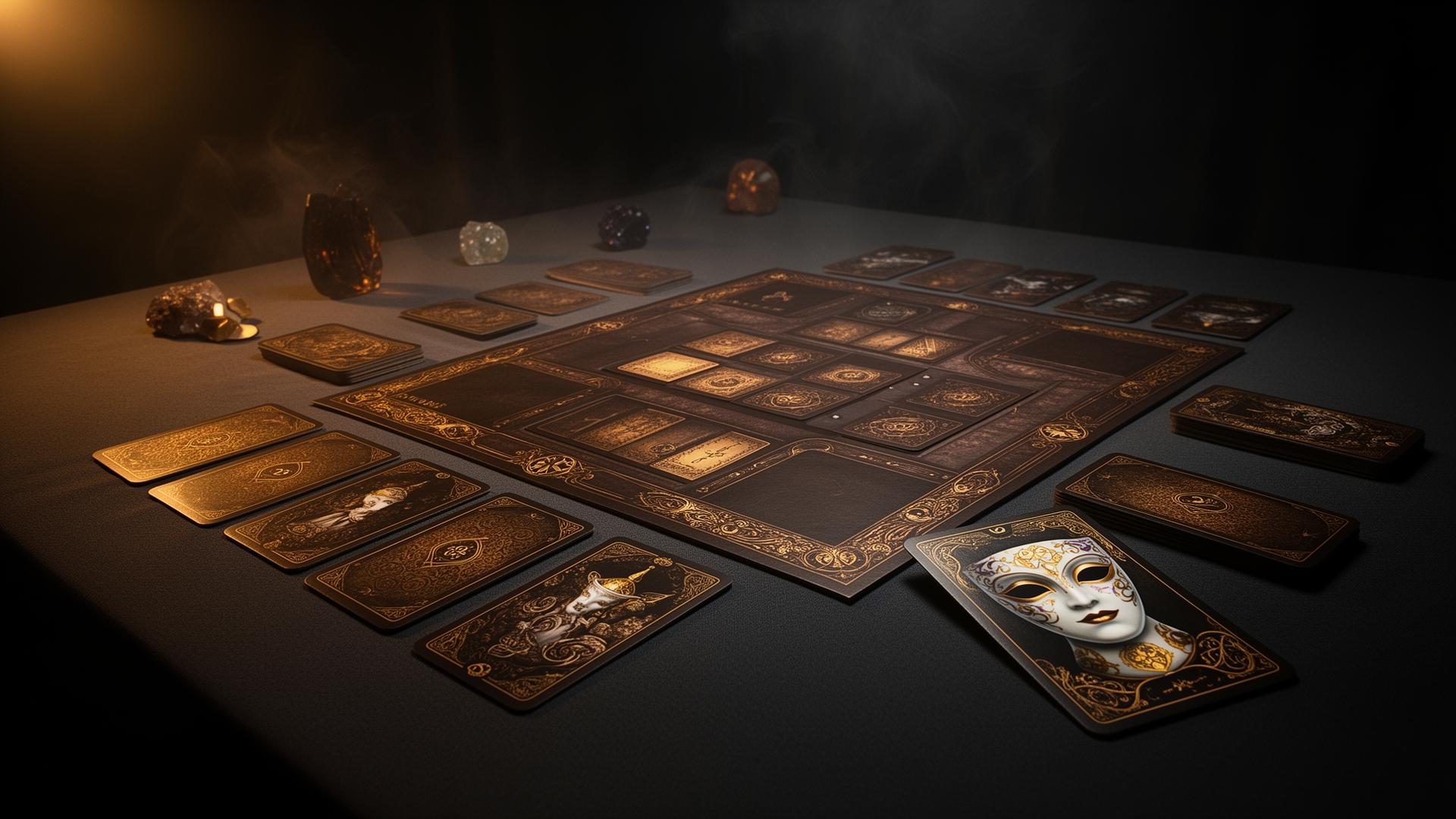 Unmasked the board game laid out on a dark table