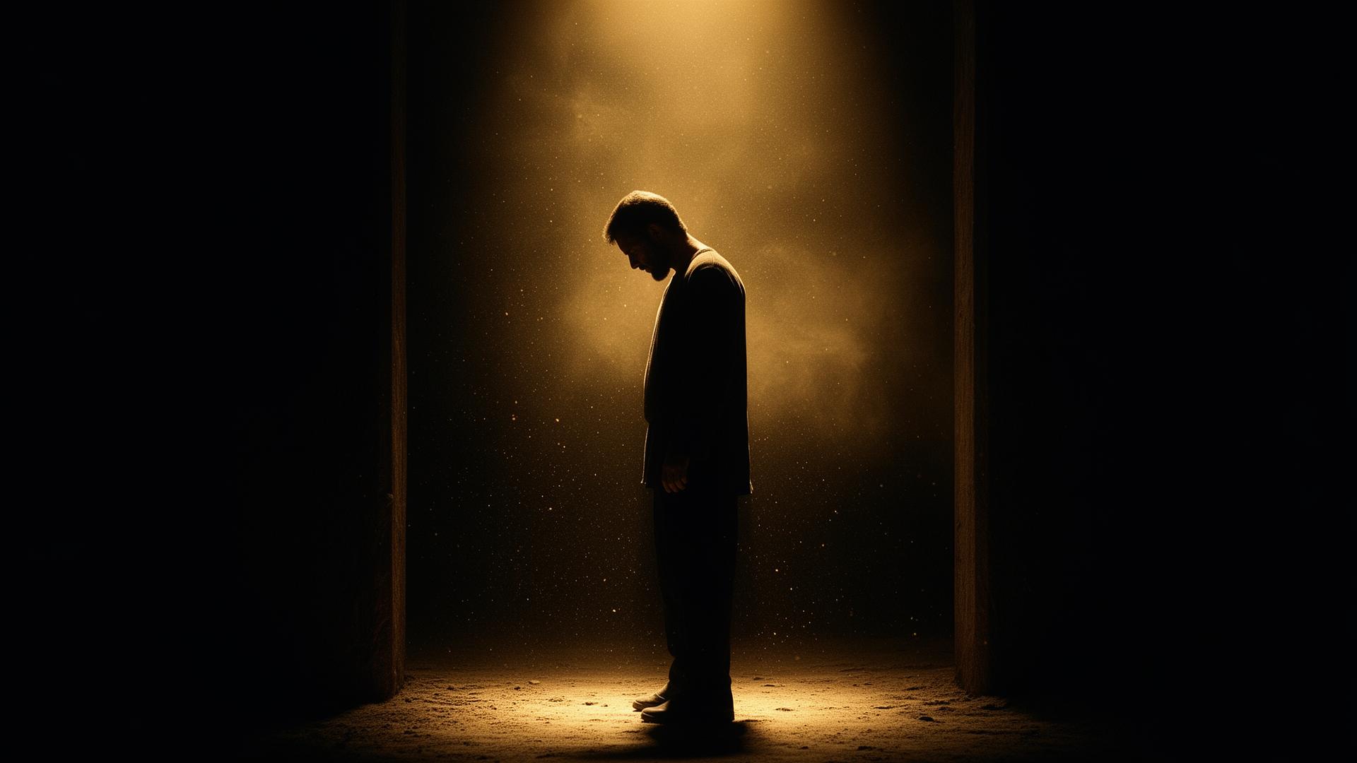 A silhouette standing in a beam of golden light